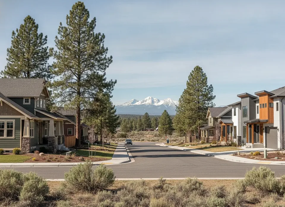 Bend neighborhood street with the Three Sisters in the distance