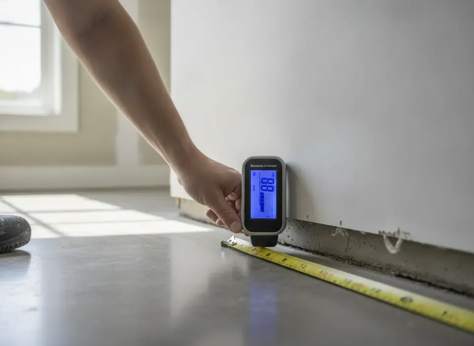 Moisture meter reading on a wet wall