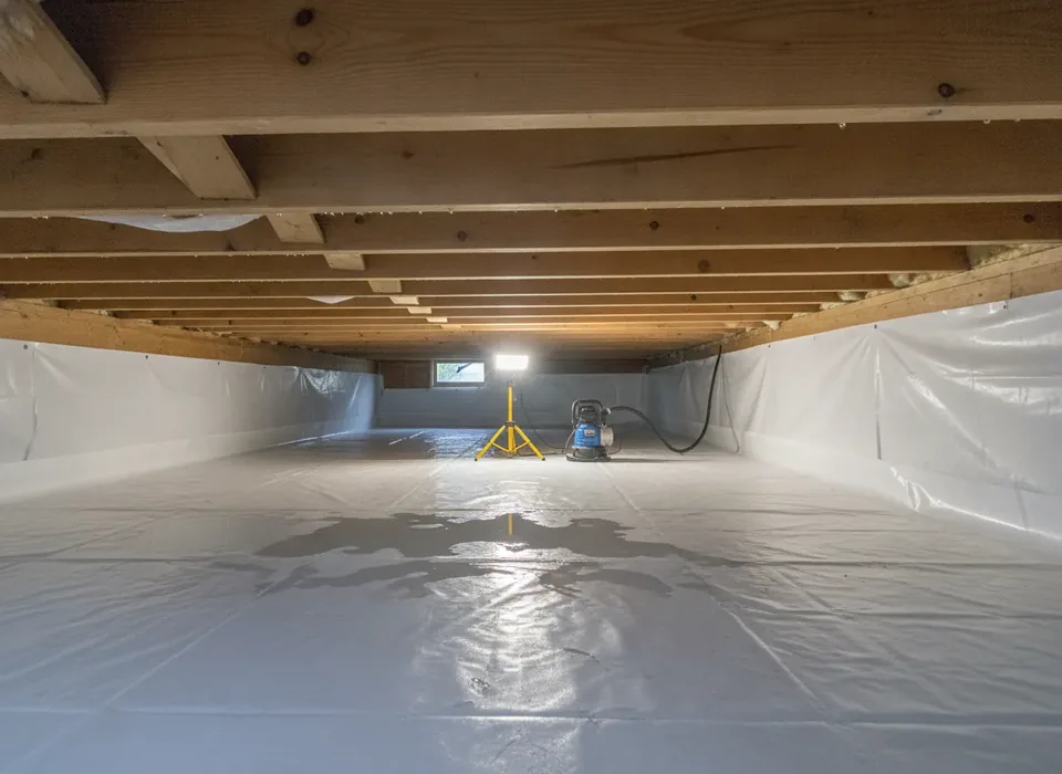 Standing water in a crawl space with a pump running