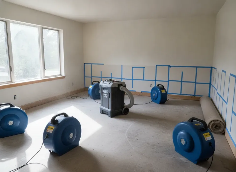 Air movers and a dehumidifier drying a living room
