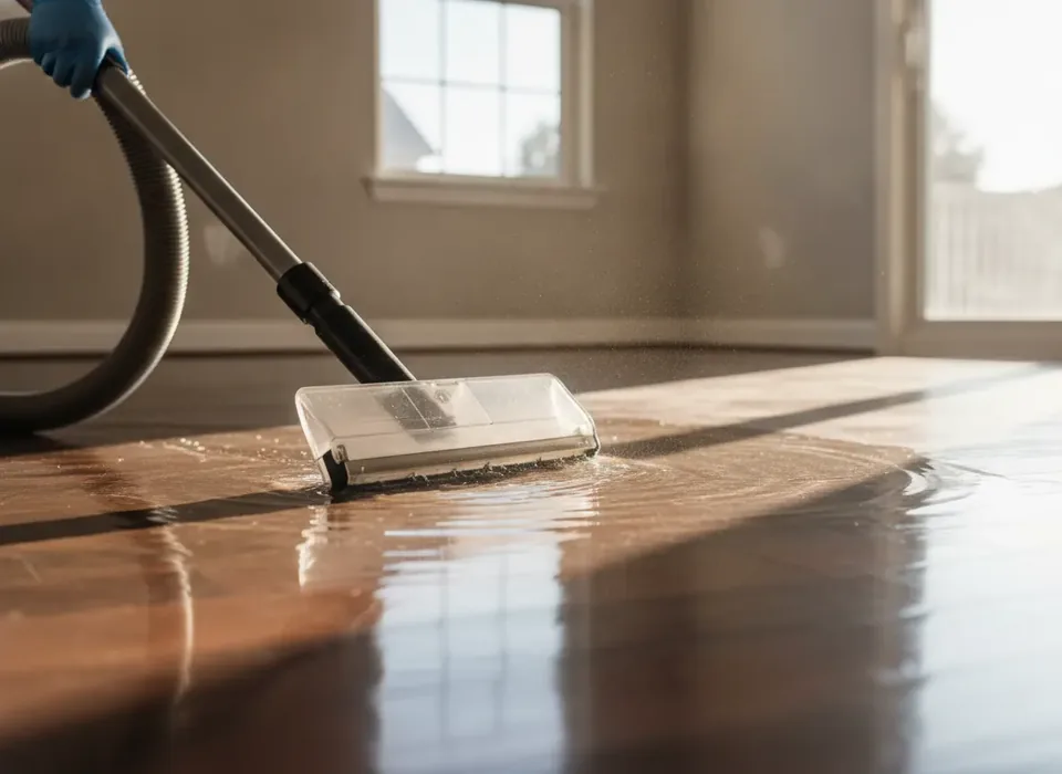 Extraction wand pulling standing water off a hardwood floor