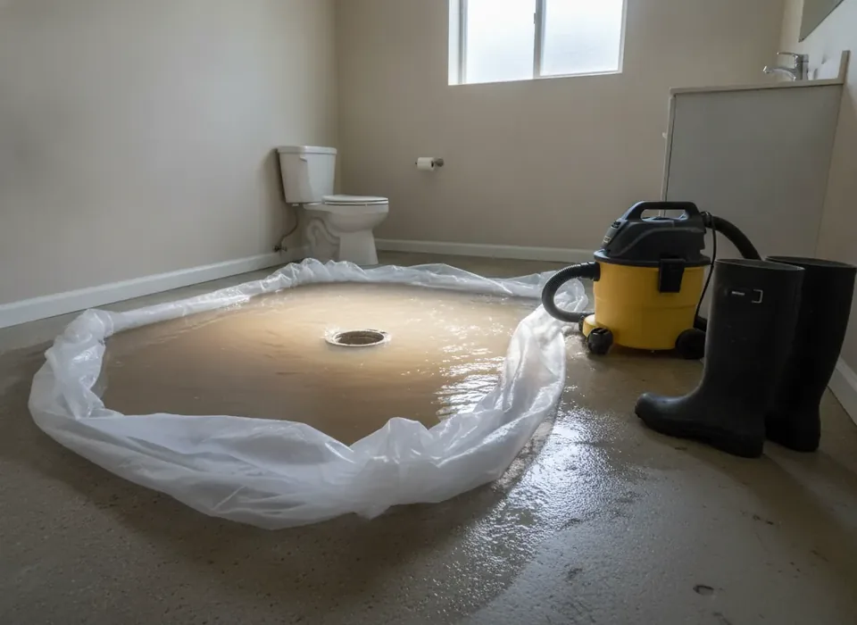 Backed-up floor drain in a basement bathroom